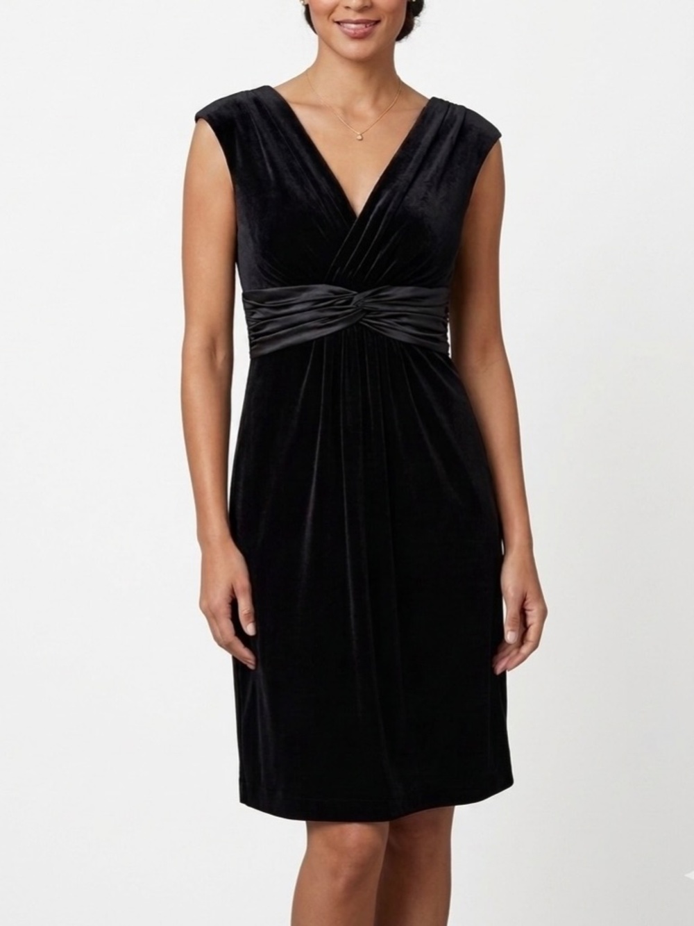 Jones New York Black Velvet Empire Waist Satin Band V-neck Dress Sz 6 Evening